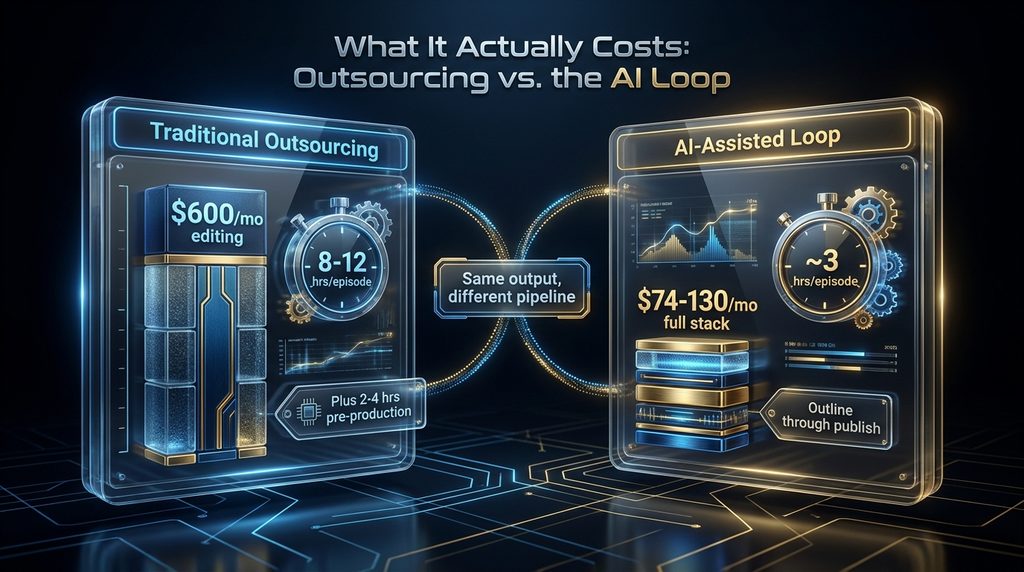 Cost and time comparison of an AI-assisted podcast workflow against a traditional production workflow