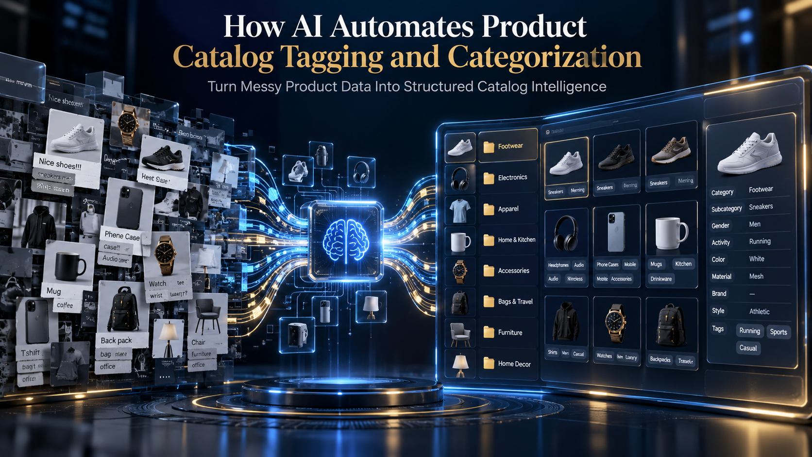 AI automates product catalog tagging and categorization system organizing ecommerce products into structured categories and attributes.