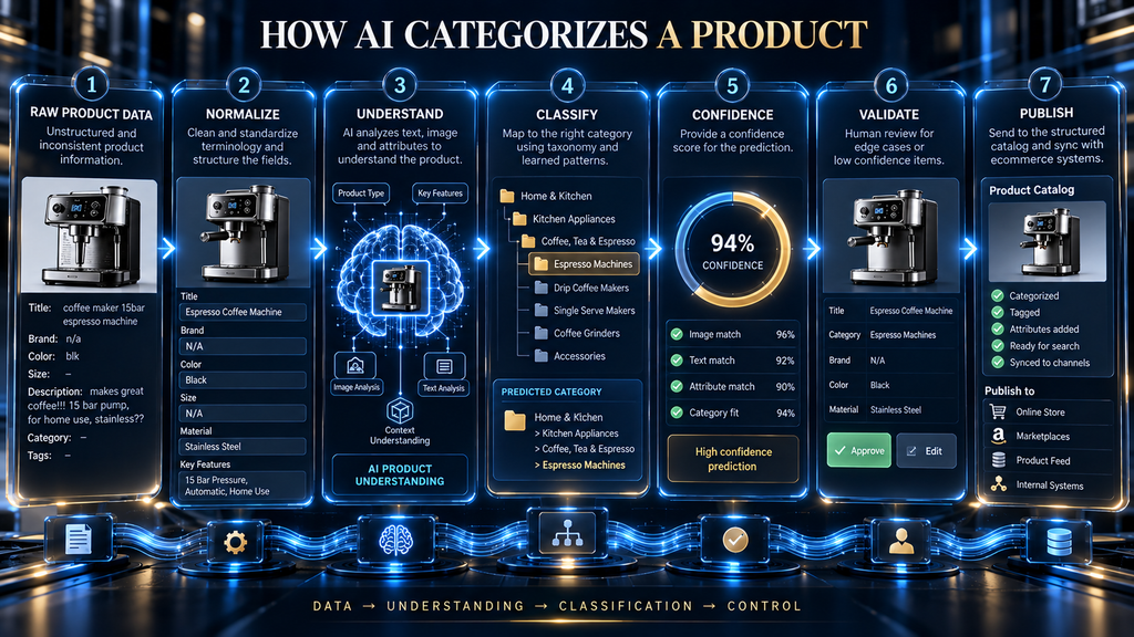 AI product categorization workflow from raw catalog data through normalization, classification, confidence scoring, and publishing.
