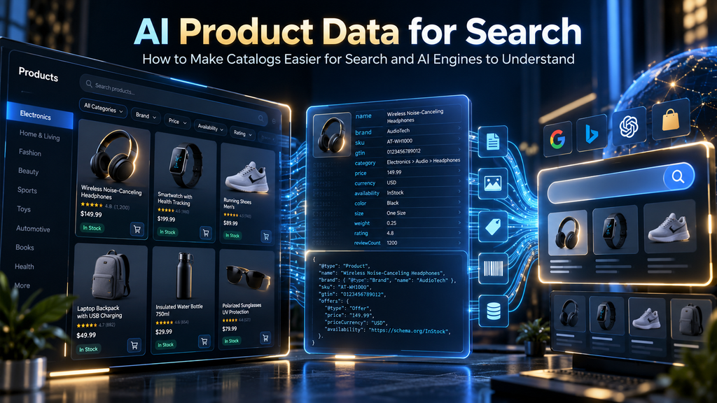 AI product data concept showing an ecommerce catalog structured for search engines and AI product discovery.