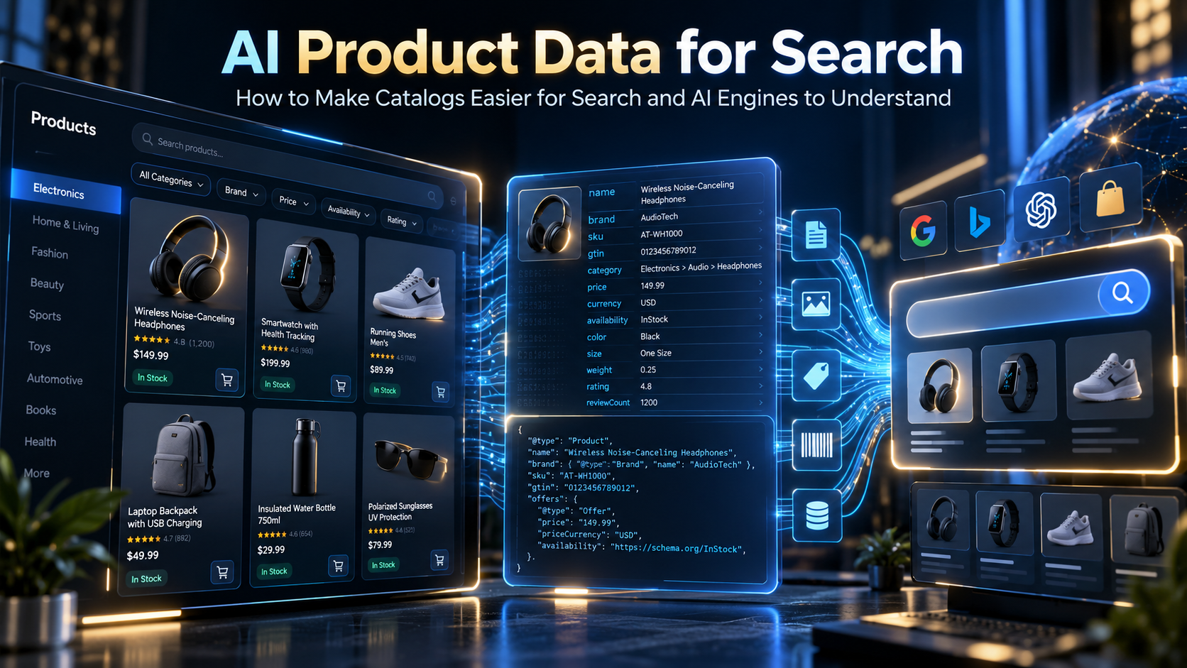 AI product data concept showing an ecommerce catalog structured for search engines and AI product discovery.