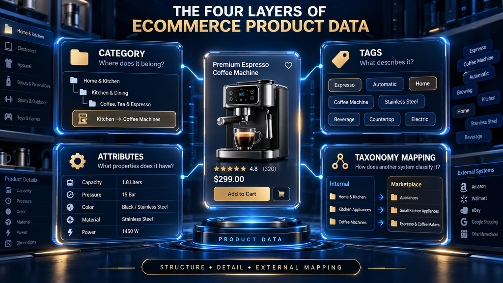 Diagram showing the difference between AI product categorization, tagging, attributes, and taxonomy mapping.