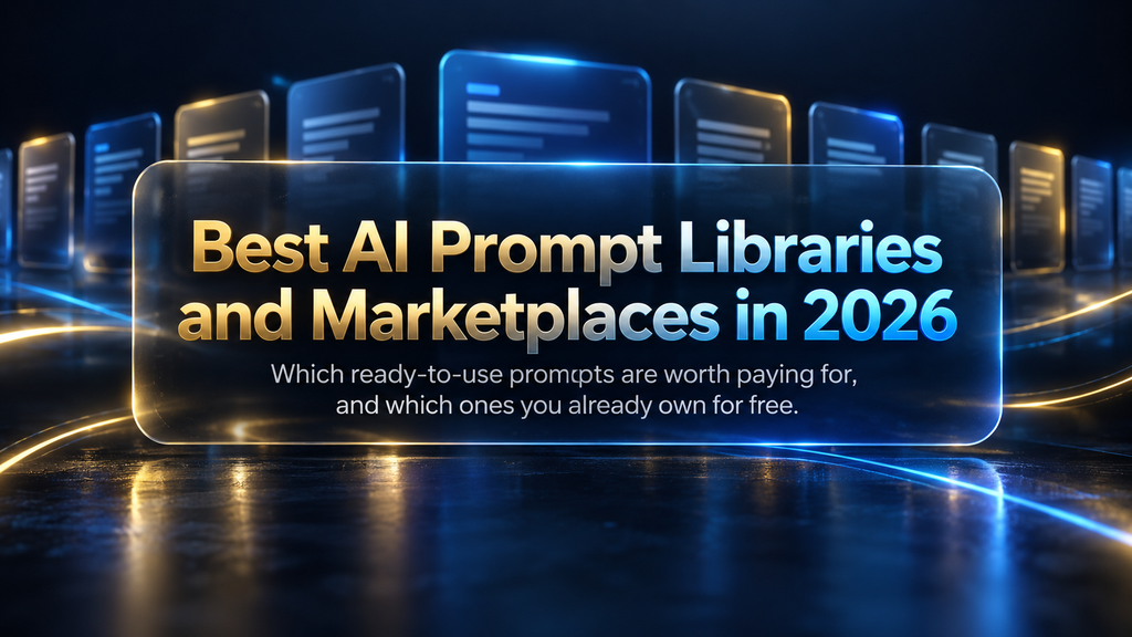 Hero banner for the article on the best AI prompt libraries and marketplaces for ready-to-use prompts in 2026, shown in a dark navy and gold premium design