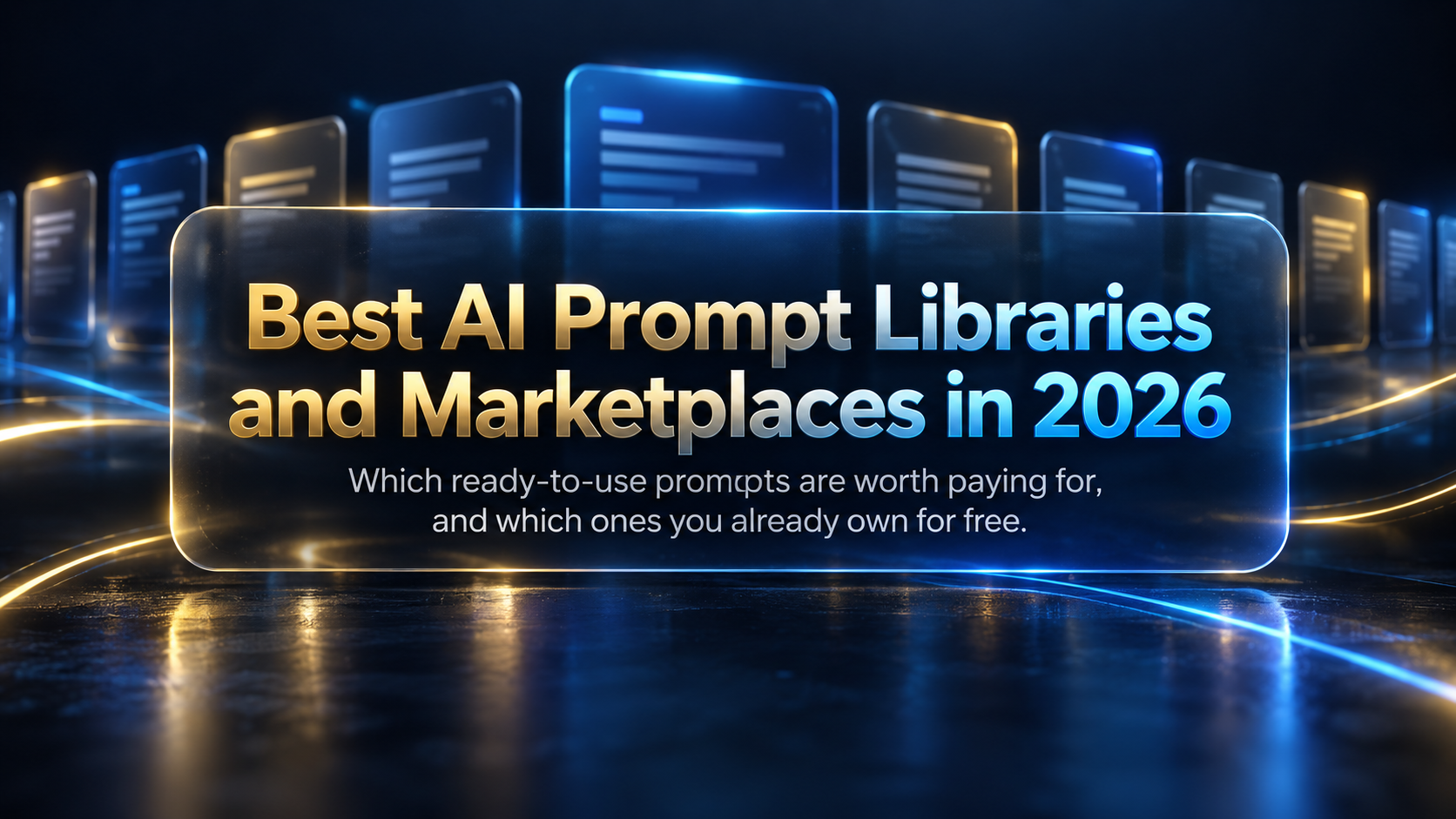 Hero banner for the article on the best AI prompt libraries and marketplaces for ready-to-use prompts in 2026, shown in a dark navy and gold premium design