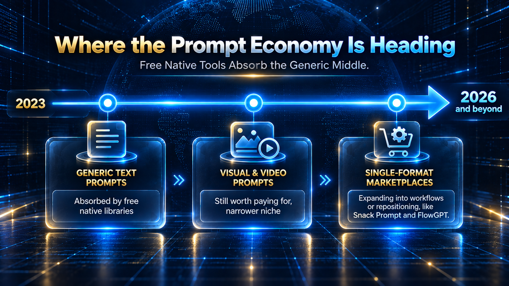 Outlook infographic showing how native AI prompt libraries are absorbing generic prompt demand while marketplaces narrow toward visual and specialized niches