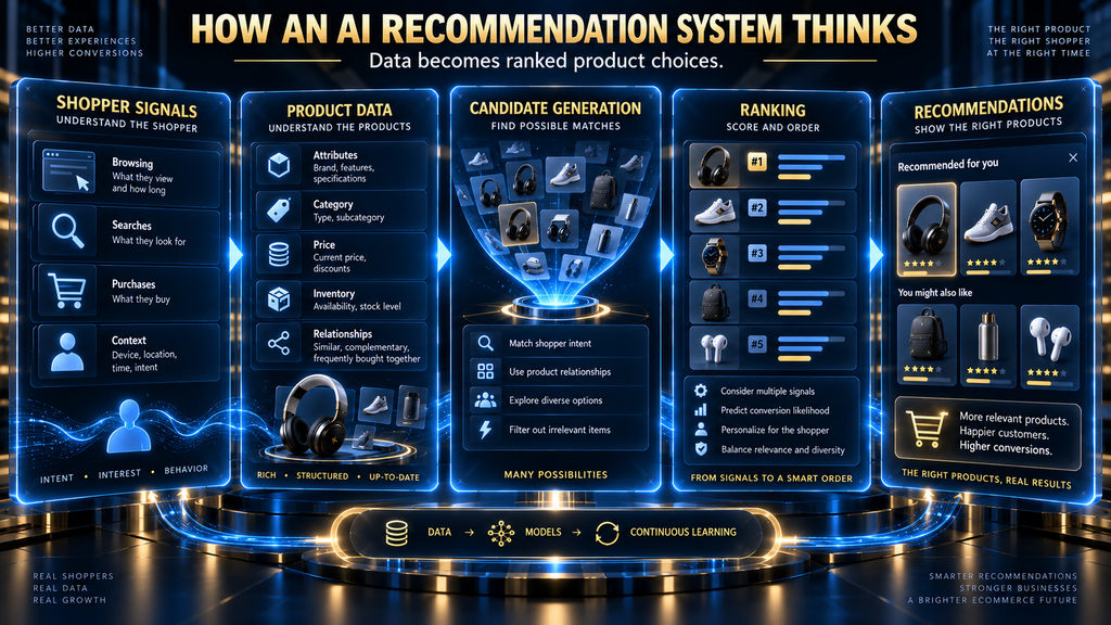 AI product recommendation system showing shopper signals, product data, ranking, and recommended products.
