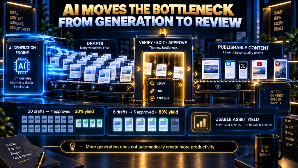 AI content workflow showing how unlimited draft generation can overwhelm editorial review capacity.