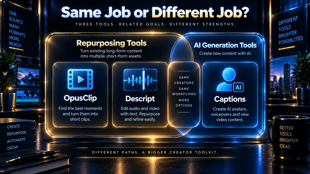  Diagram showing OpusClip, Descript and Captions split into two different AI tool categories