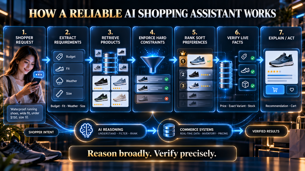 AI shopping assistant workflow from shopper request through constraint extraction, product retrieval, verification and recommendation.