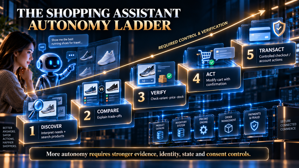 AI shopping assistant autonomy ladder progressing from product discovery to verified transactional shopping actions.
