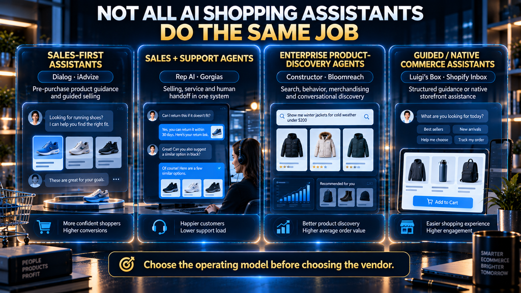 Four types of AI shopping assistant platforms including sales-first, sales and support, enterprise discovery, and guided commerce assistants.