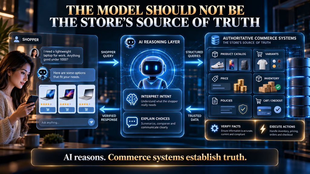 Diagram showing an AI shopping assistant interpreting shopper intent while authoritative commerce systems verify product facts and actions.