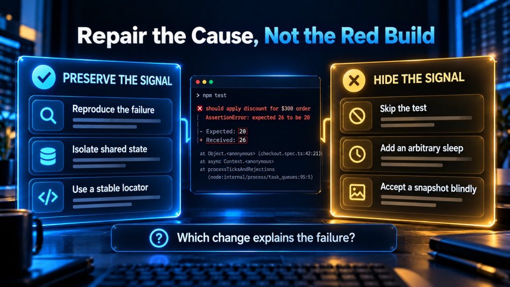 Comparison of test repairs that preserve a regression signal with shortcuts that merely make flaky tests pass.