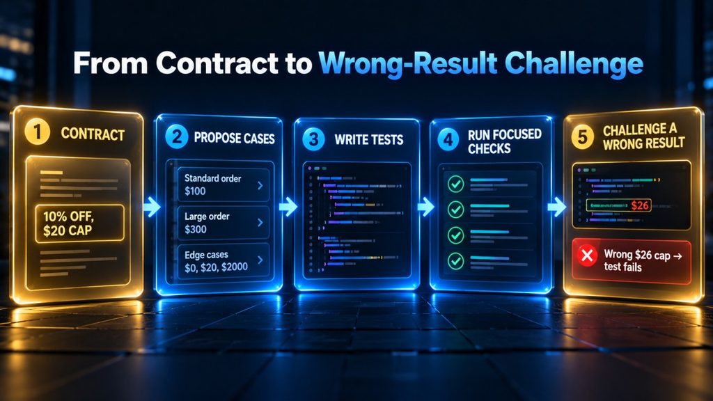 Five-stage workflow from approved contract and proposed test cases to execution and a wrong-behavior challenge.