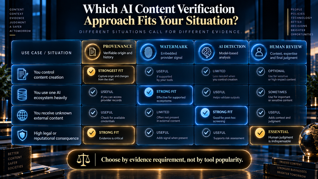 AI content verification decision matrix comparing provenance watermarking detection and human review