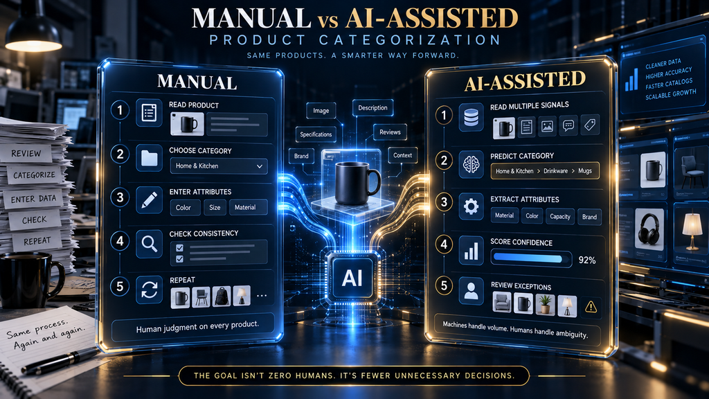 Comparison of manual product categorization and AI-assisted ecommerce catalog classification workflows.