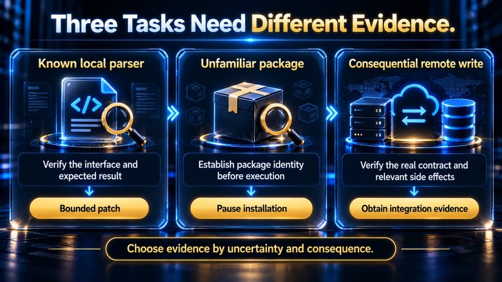 Comparison of verification decisions for a known local parser, an unfamiliar package, and a consequential remote write.