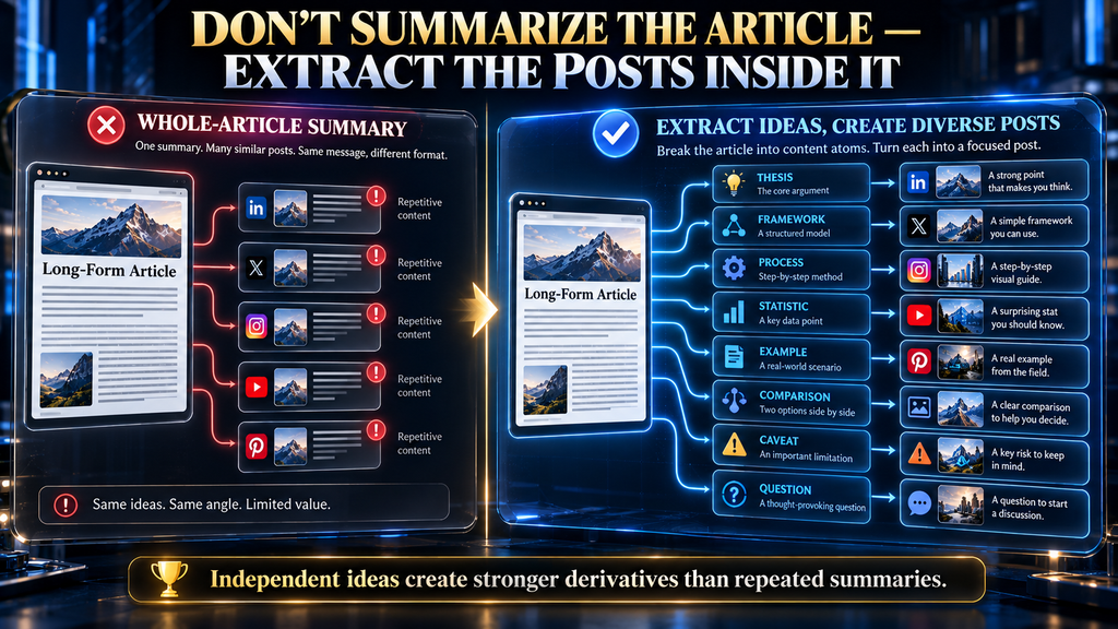 Comparison between summarizing an entire article and extracting independent ideas for social media content.