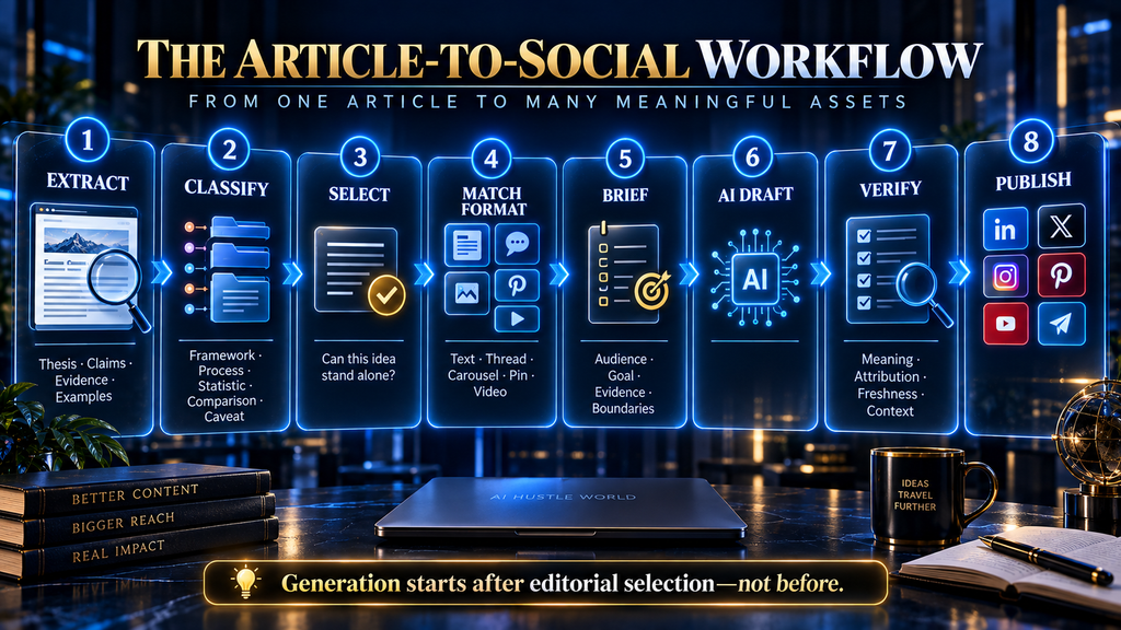 AI workflow for extracting long-form article ideas and converting them into verified social media assets.
