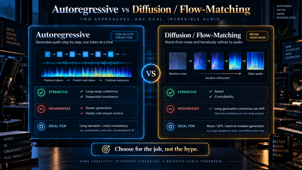 Autoregressive versus diffusion audio models compared by coherence, speed, control and typical use