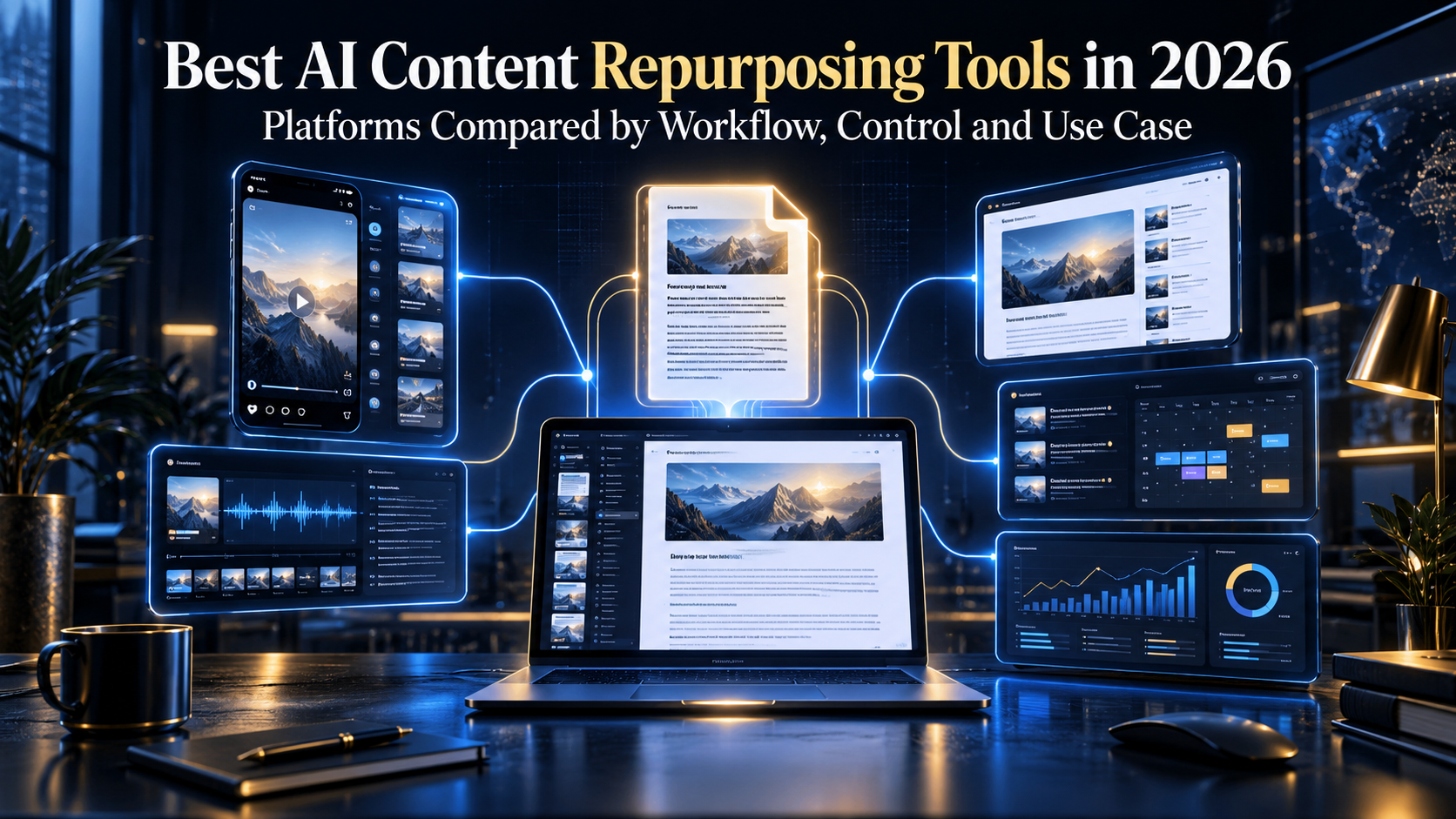 Best AI content repurposing tools in 2026 shown as connected content workflow platforms