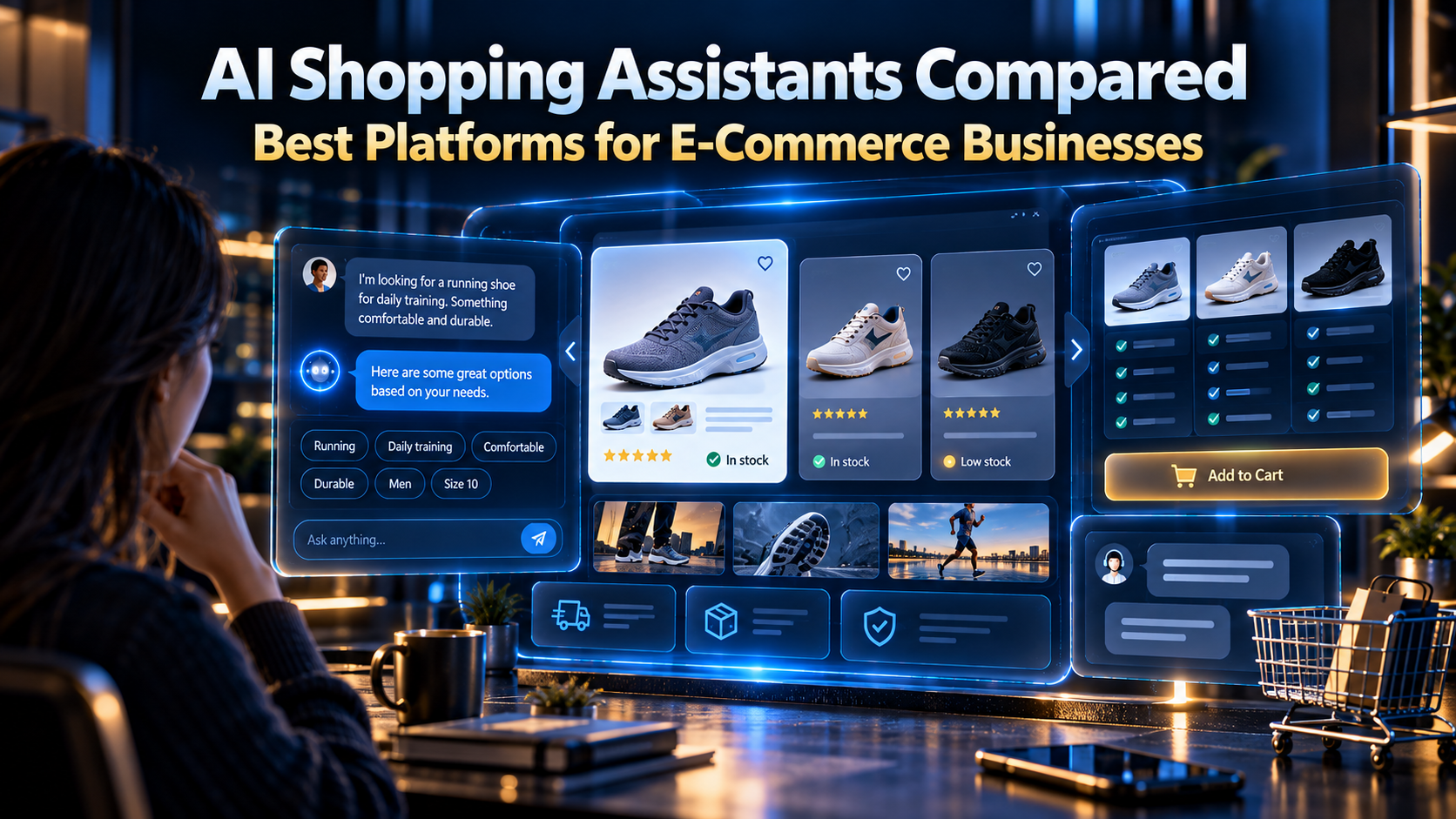 best AI shopping assistants platforms compared for ecommerce product discovery, selling, support, and commerce actions.