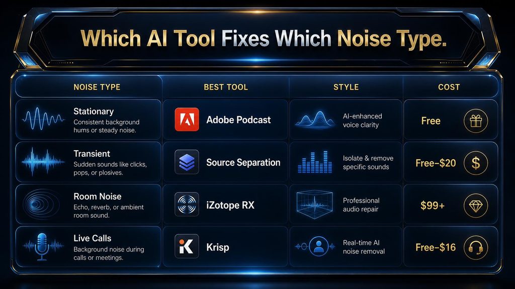 Comparison chart matching AI audio cleanup tools to noise type, style, and cost 