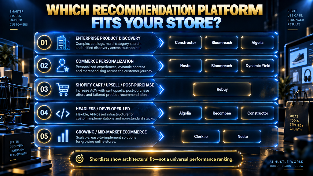 AI recommendation platform shortlist by enterprise, Shopify, headless, mid-market, and API use case.