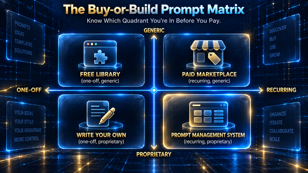 The Buy-or-Build Prompt Matrix, an original AI Hustle World framework showing when to buy a prompt, use a free library, or write your own