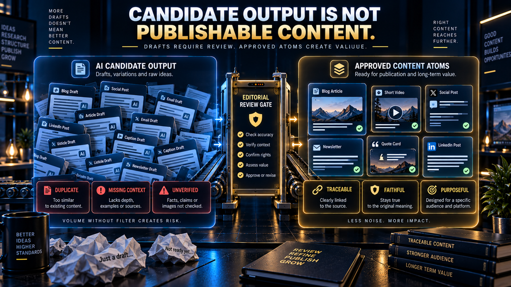 Comparison between unreviewed AI candidate output and approved traceable content atoms