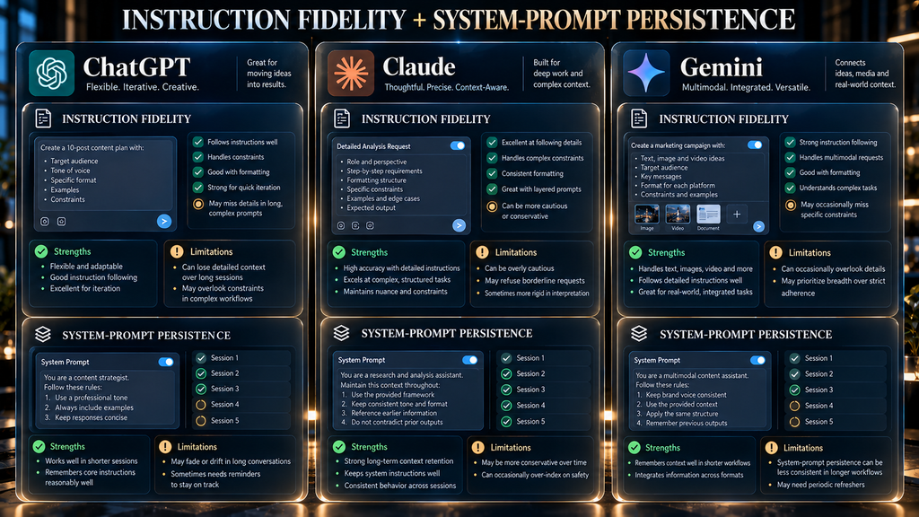 ChatGPT, Claude, and Gemini compared on instruction fidelity and system-prompt persistence for repeated AI workflows.