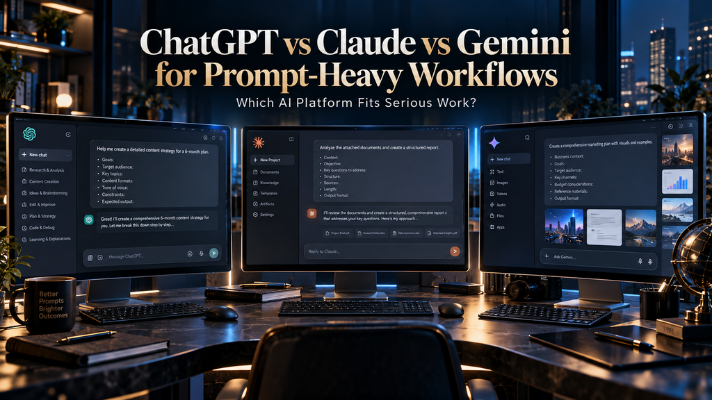 ChatGPT vs Claude vs Gemini compared for prompt-heavy AI workflows involving detailed instructions, persistent context, and repeated work.