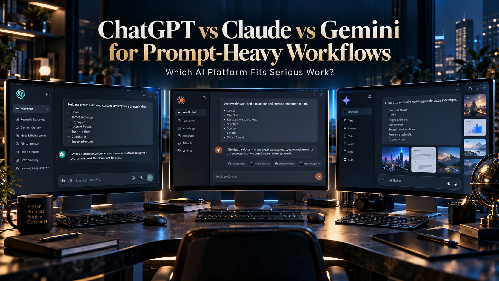 ChatGPT vs Claude vs Gemini compared for prompt-heavy AI workflows involving detailed instructions, persistent context, and repeated work.