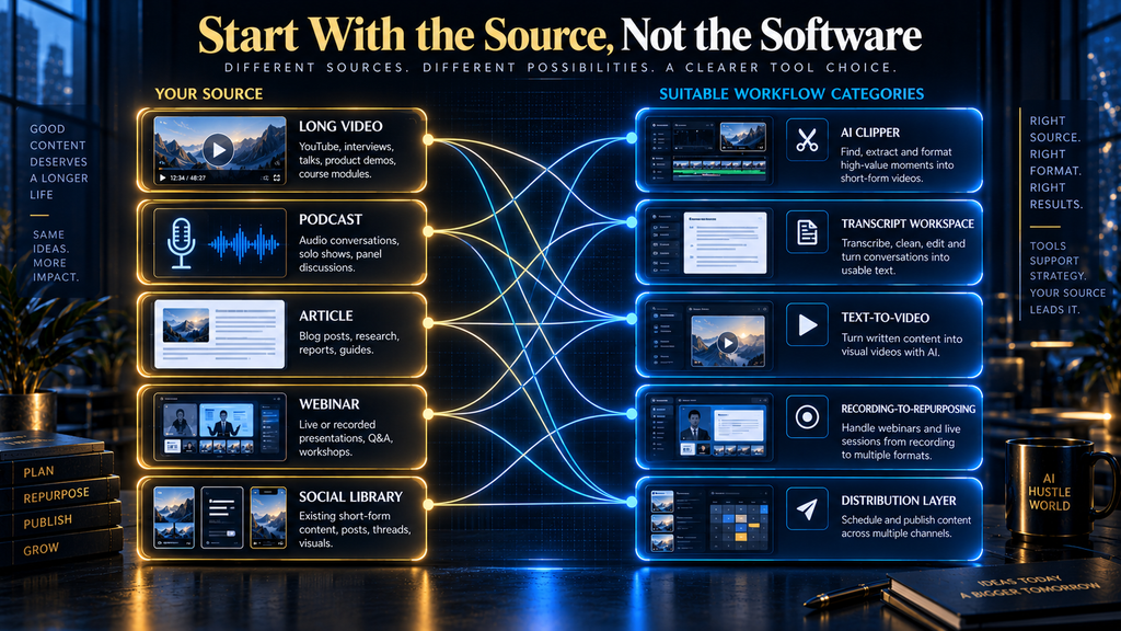 Choosing an AI content repurposing tool according to video, podcast, article, webinar or social sources