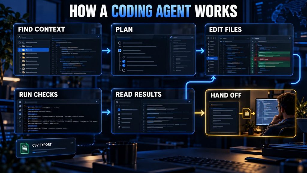 Coding agent process from repository search and file edits through test results, revision, and human review.