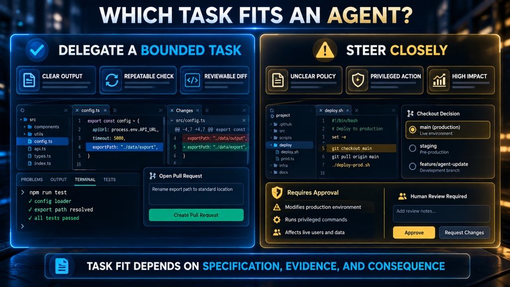 Comparison of bounded, testable coding tasks with ambiguous or high-consequence work needing closer developer direction.