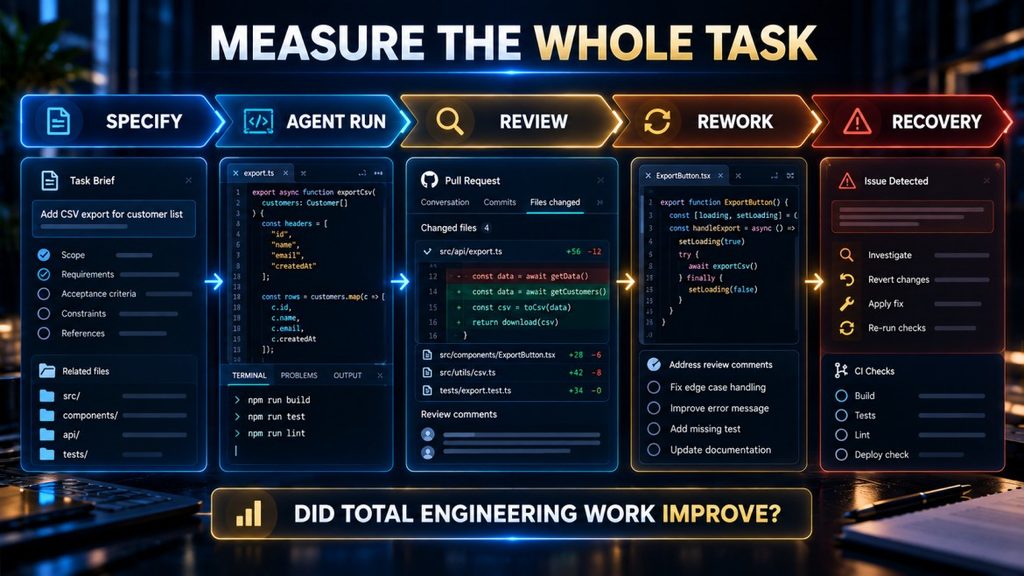 Coding agent workflow measurement covering specification, agent execution, review, rework, and recovery.