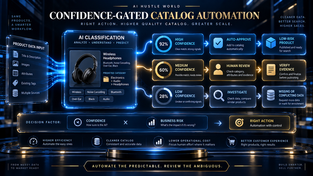 AI Hustle World confidence-gated automation framework showing automatic approval, human review, and investigation paths.