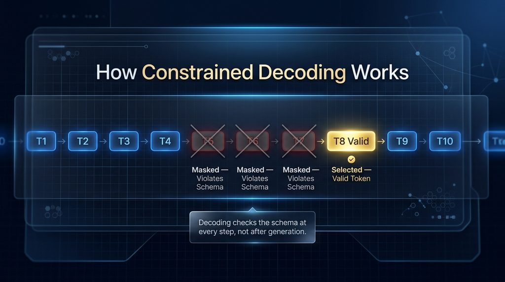 Diagram showing how constrained decoding masks invalid tokens during generation