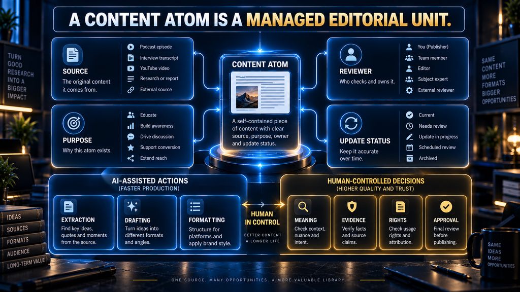 Content atom shown as a managed editorial unit linked to its source, purpose, reviewer and update status