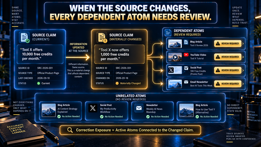 Source change triggering review across every dependent published content atom