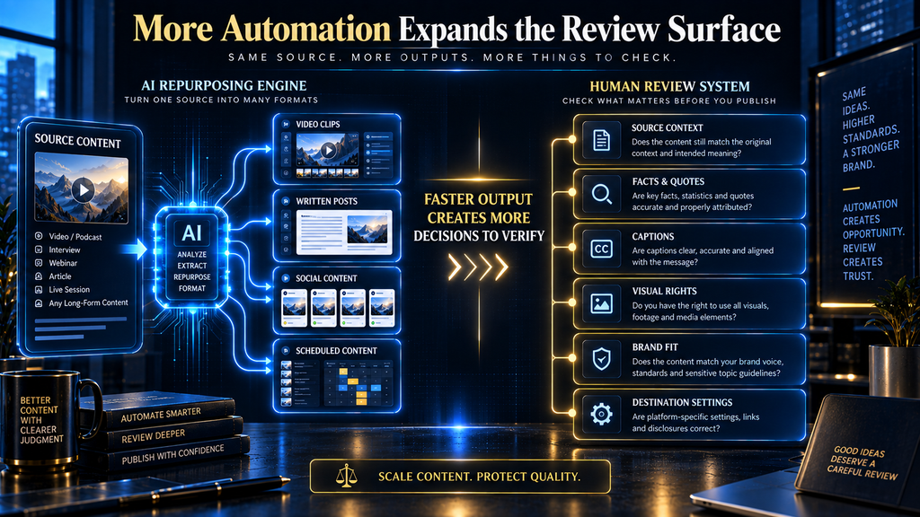 AI content repurposing automation balanced with context, fact, caption, rights and publishing review