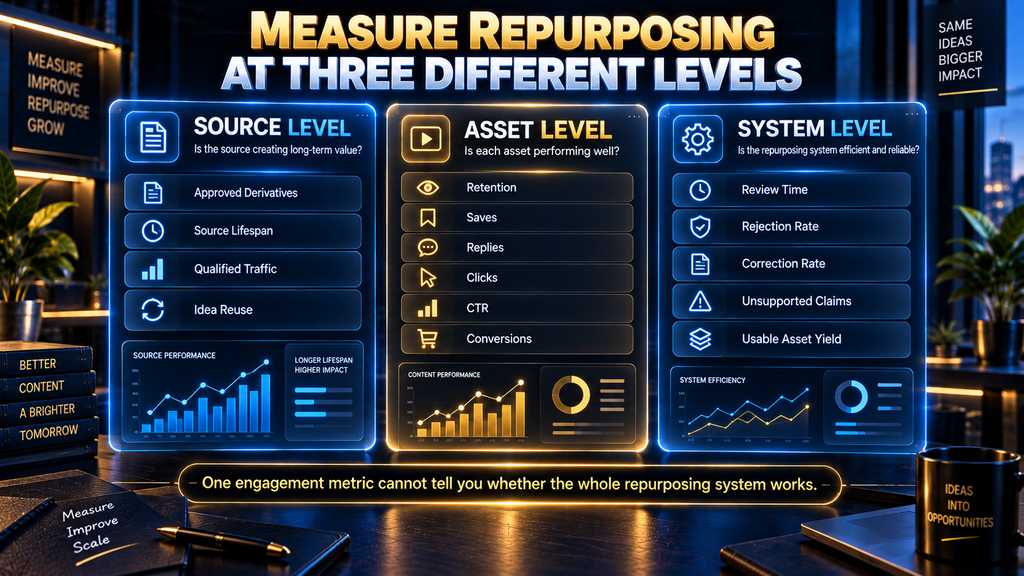Comparison of source-level, asset-level, and system-level measurement for AI content repurposing.