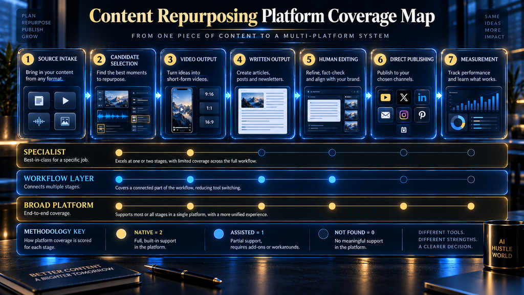 Content repurposing platform coverage map from source intake to measurement