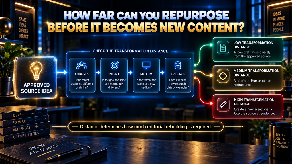 Decision process showing low, medium, and high transformation distance in an AI content repurposing workflow.