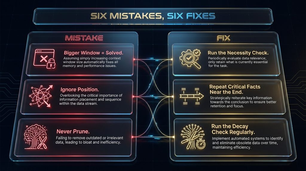Six common context engineering mistakes, compared against the fix for each 