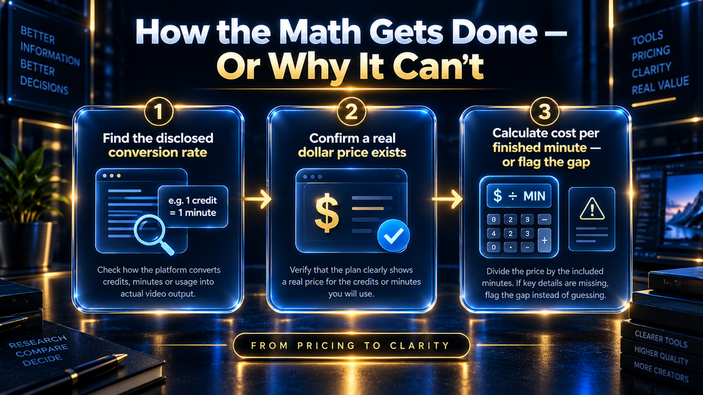 Step-by-step process diagram showing how AI Hustle World calculates cost per minute for clipping tools