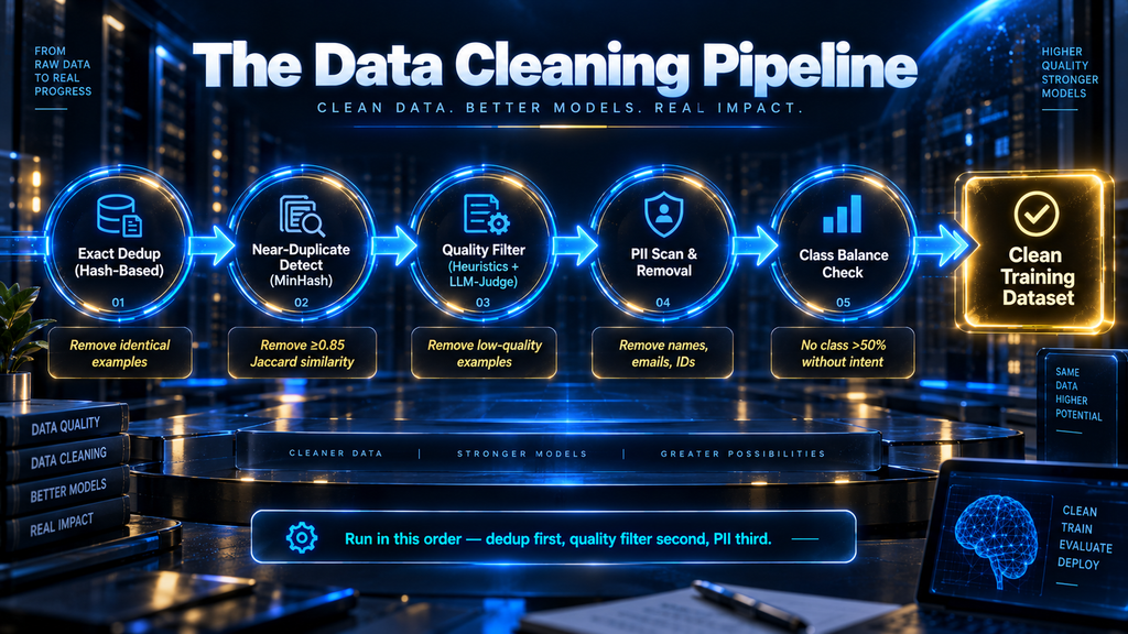 Data cleaning pipeline for fine-tuning datasets — exact deduplication, near-duplicate detection, quality filtering, PII removal, and class balance steps