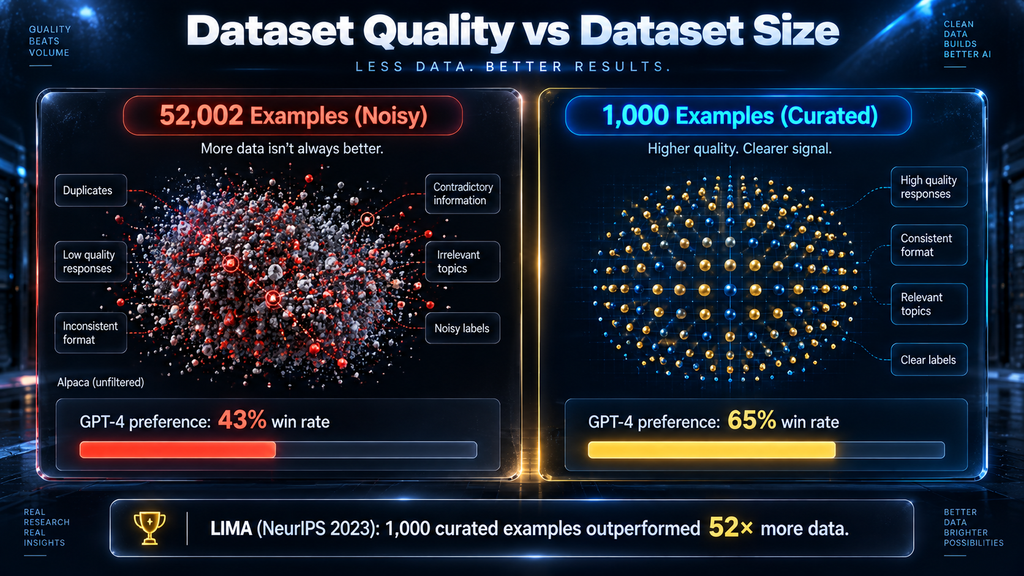 Chart showing LIMA 1,000 curated examples vs Alpaca 52,002 examples — quality beats quantity in fine-tuning