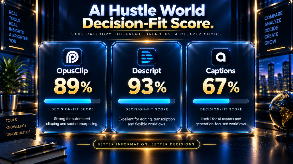 AI Hustle World Decision-Fit Score comparison table for OpusClip, Descript and Captions